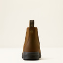 Rear view of brown leather ankle boot with a pull tab and black outsole, labeled "ARIAT.
