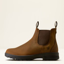 Brown leather ankle boot with elastic side panels and pull tabs, featuring a black sole and logo.