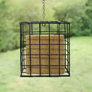 A hanging black wire cage contains a brown suet block with visible bits, set against a blurred green background.