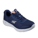 Navy and pink Skechers Go Walk Joy shoes with a mesh upper and white sole.