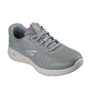 Grey Skechers GO WALK JOY SAGE sneaker with a mesh upper and purple accents.