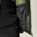 Close-up of a black and olive green jacket's interior, showcasing care symbols and features like waterproof rating and fully taped seams.