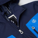 Navy and blue zip-up jacket with hood and logo, featuring two side zip pockets.