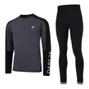 A long-sleeve grey and black top paired with black leggings featuring a green accent at the ankle.