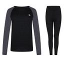 A black long-sleeve top with grey sleeves and a matching pair of black leggings.