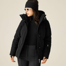Woman wearing a black Dare 2B padded cord jacket with hood, shown from the front.