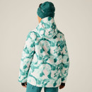 A person wearing a teal marble patterned ski jacket and a green beanie, viewed from the back.