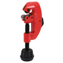Red adjustable pipe cutter with cutting wheel, guide rollers and black tightening knob.