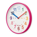 Round pink teaching wall clock with colourful numerals, blue and orange hands and minute-learning markings, shown at a right-angled view.