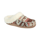 Brown and patterned mule slipper with a fluffy white lining and a stitched edge.