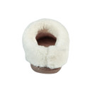 White furry mule slipper with a brown sole, showing the back opening.