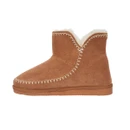 Chestnut suede boot with a fluffy white lining and decorative white stitching along the edges.