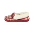 Red tartan moccasin with a cream faux fur lining and bow detail.