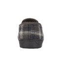 Rear view of a grey tartan moccasin with a plaid pattern and black rubber sole.
