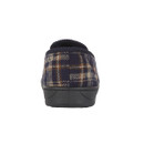 Navy tartan moccasin shoe with a soft upper and a black rubber sole, viewed from the back.