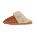 Cognac suede mule slippers with a beige faux fur band and a flat rubber sole.