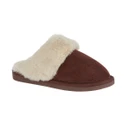 Dark brown mule slipper with a beige faux fur cuff, made by Jo & Joe.