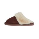 Dark brown mule slipper with a fluffy cream-coloured fur trim.