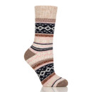 Knitted sock in cream, pink, brown, and navy with a geometric pattern and reinforced heel and toe.