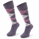 Children's knee-high equestrian socks in violet with a pink, grey and cream argyle diamond pattern, shown together at an angle.