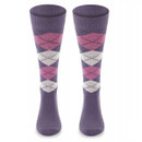 Children's knee-high equestrian socks in violet with pink, grey and cream argyle detailing, shown from the front.
