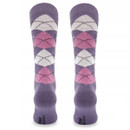 Children's knee-high equestrian socks in violet with a pink, grey and cream argyle diamond pattern, shown from the back.