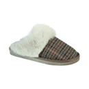 Olive green tartan mule slipper with a soft white faux fur collar and a flat, textured sole.