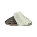 Olive green tartan mule slipper with a fluffy cream collar and a flat sole.