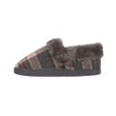 A grey tartan mule slipper with a fluffy grey collar and a flat sole.