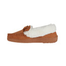 Brown suede moccasin with a fluffy white collar and a decorative bow on the front.
