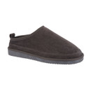 Dark grey suede mule slipper with a slip-on design and a textured sole.