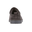 Rear view of a dark grey suede mule with a textured sole and a small tab for easy slipping on.