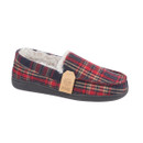 Red tartan moccasin slipper with a faux fur lining and black sole by Jo & Joe.