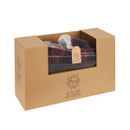 A tartan moccasin in red and navy, partially visible inside a box with a 'Jo & Joe' tag.