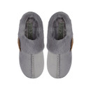 A pair of grey slip-on mule slippers with a soft, fluffy collar and a stitched design along the sole.