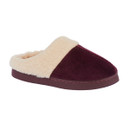 Plum slipper mule with a beige fur lining and a flat sole.
