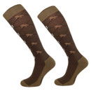 A pair of knee-high socks in brown with a patterned design featuring horses on a diamond background.