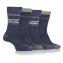 A set of four pairs of socks in shades of blue and grey, featuring varied patterns and designs, arranged side by side.