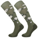 Two pairs of knee-high socks in dark green, featuring cartoon sheep designs on a lighter green background.