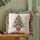 Christmas tree cushion with red pom-pom decorations, striped ruffled trim and festive red edging.