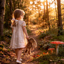 A girl in a light dress holds a brown plush bunny in a sunlit forest path with mushrooms.
