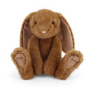 A sitting brown plush bunny with long ears and paw details, made of soft fur, facing forward against a white background.