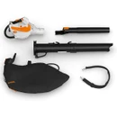 STIHL cordless leaf blower and vacuum kit with blower tubes, collection bag and shoulder strap arranged on a white background.