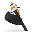 STIHL cordless leaf vacuum with large black collection bag and suction tube shown at an angle on a white background.