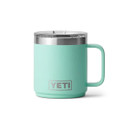 A seafoam green stainless steel mug with a handle and a clear lid, shown against a white background.