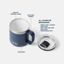 A navy mug with a stainless steel rim, an easy-grip handle, and a clear lid, showcasing a minimalist design.