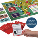 A board game layout featuring a colourful map, player pieces, cards, and play money arranged on a table.