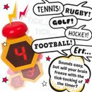 A bright yellow octagonal timer with a large red button on top and a digital display showing numbers, with stars around it.