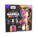 A box containing a bear-shaped figure with vibrant marbled colours and three bottles of glow-in-the-dark paint.
