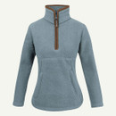 Light blue women’s quarter-zip fleece pullover with high collar, long sleeves and front hand-warmer pocket.